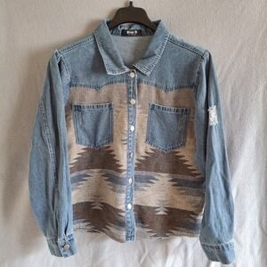 Blue B Collection Women's Large Denim Aztec Southwestern Shacket Jacket Shirt